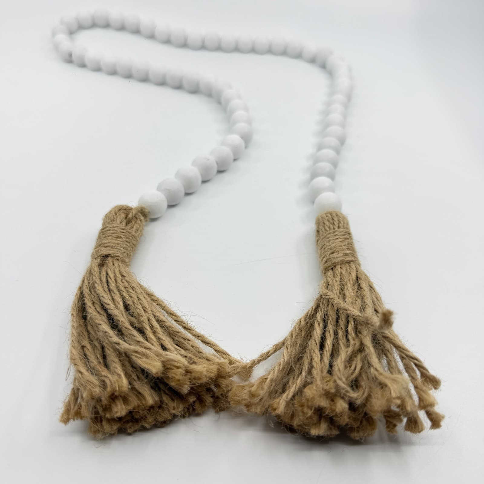 Boho Beige White Wooden Bead Garland Farmhouse Tassel Decor Tiered Tray Styling - Thumbnail 3