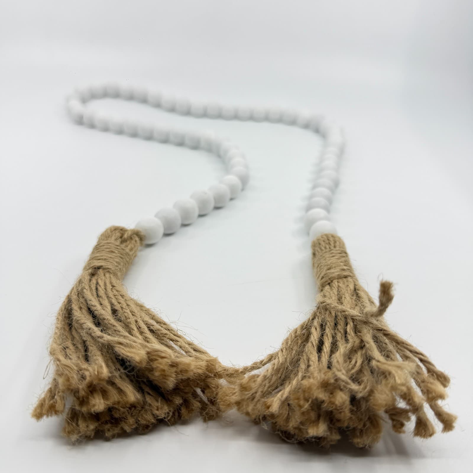 Boho Beige White Wooden Bead Garland Farmhouse Tassel Decor Tiered Tray Styling - Thumbnail 2