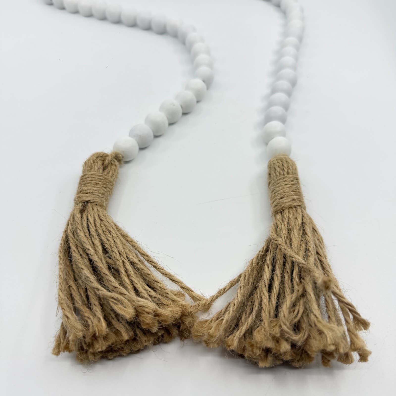 Boho Beige White Wooden Bead Garland Farmhouse Tassel Decor Tiered Tray Styling - Thumbnail 4