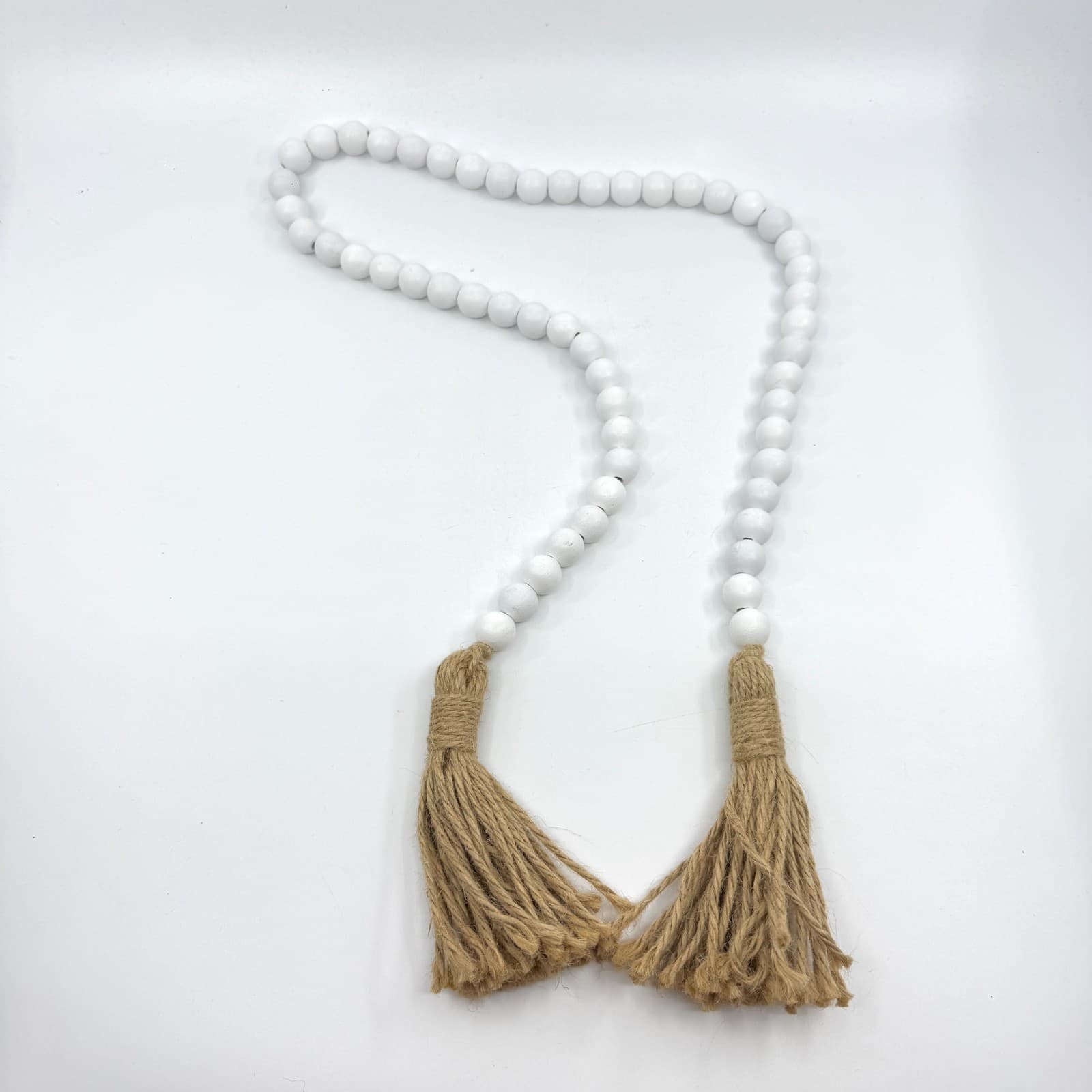 Boho Beige White Wooden Bead Garland Farmhouse Tassel Decor Tiered Tray Styling