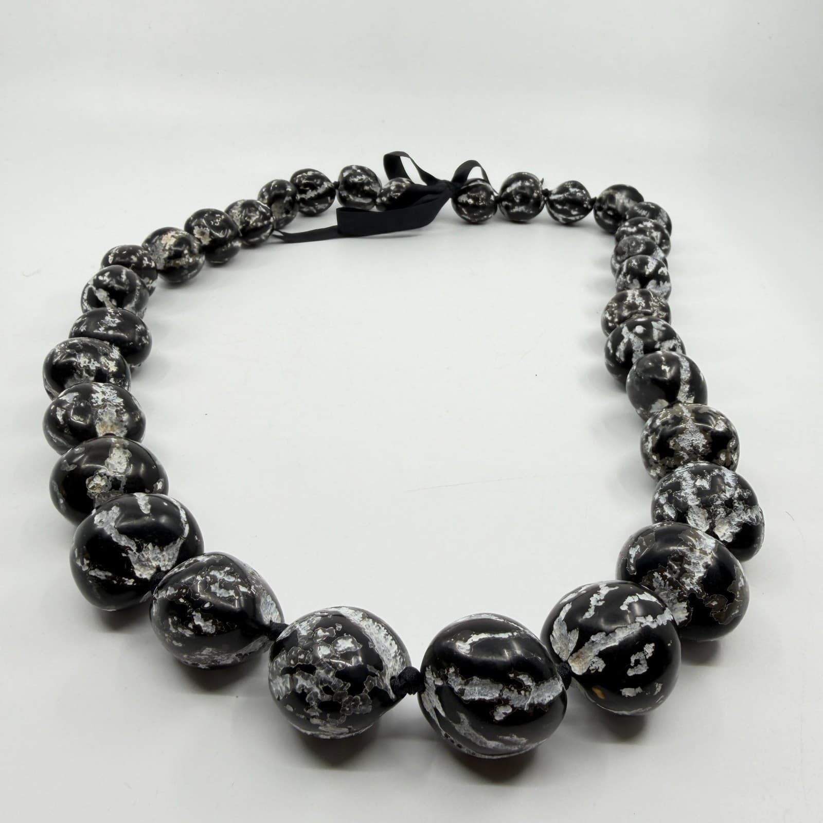 Chunky Black Kukui Nut Lei Necklace Gothic Hawaiian Statement Ribbon Tie Gift - Thumbnail 2