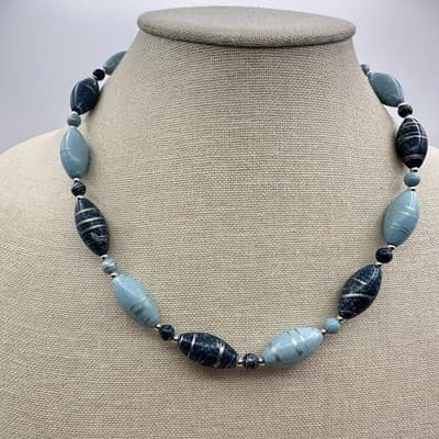 Vintage 80s Blue Mottled Bead Necklace SilverTone Striped Boho Statement Jewelry - Thumbnail 6