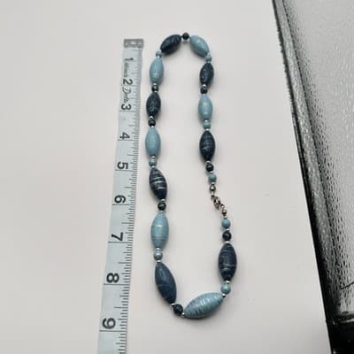 Vintage 80s Blue Mottled Bead Necklace SilverTone Striped Boho Statement Jewelry - Thumbnail 8