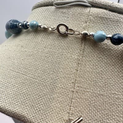 Vintage 80s Blue Mottled Bead Necklace SilverTone Striped Boho Statement Jewelry - Thumbnail 7