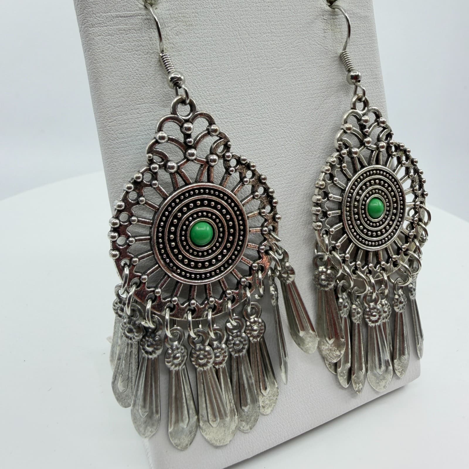 Silver Tone Green Bead Mandala Chandelier Earrings Statement Fringe Festival - Thumbnail 3