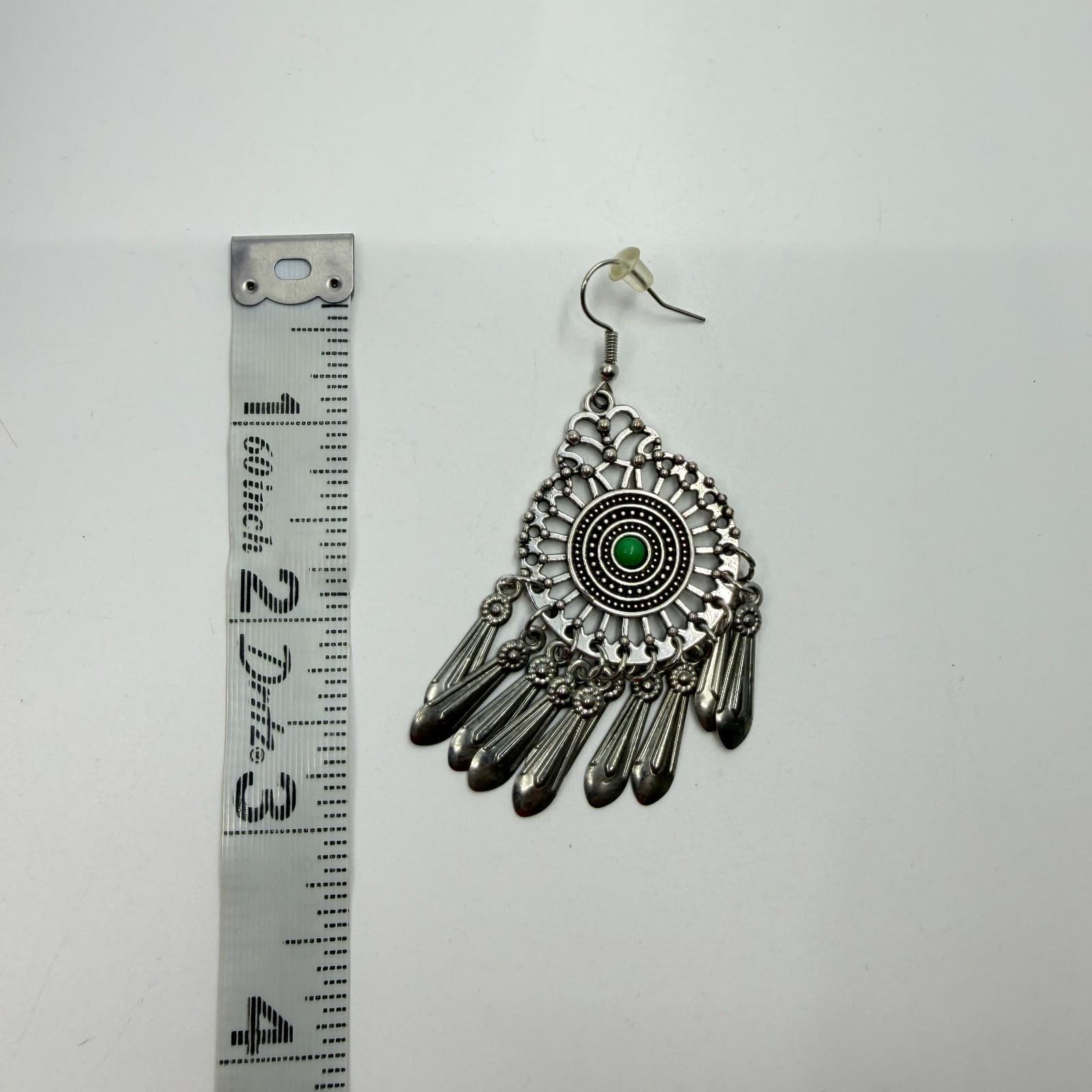 Silver Tone Green Bead Mandala Chandelier Earrings Statement Fringe Festival - Thumbnail 8