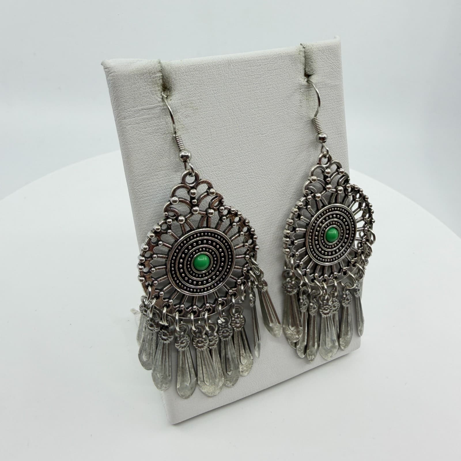 Silver Tone Green Bead Mandala Chandelier Earrings Statement Fringe Festival - Thumbnail 4