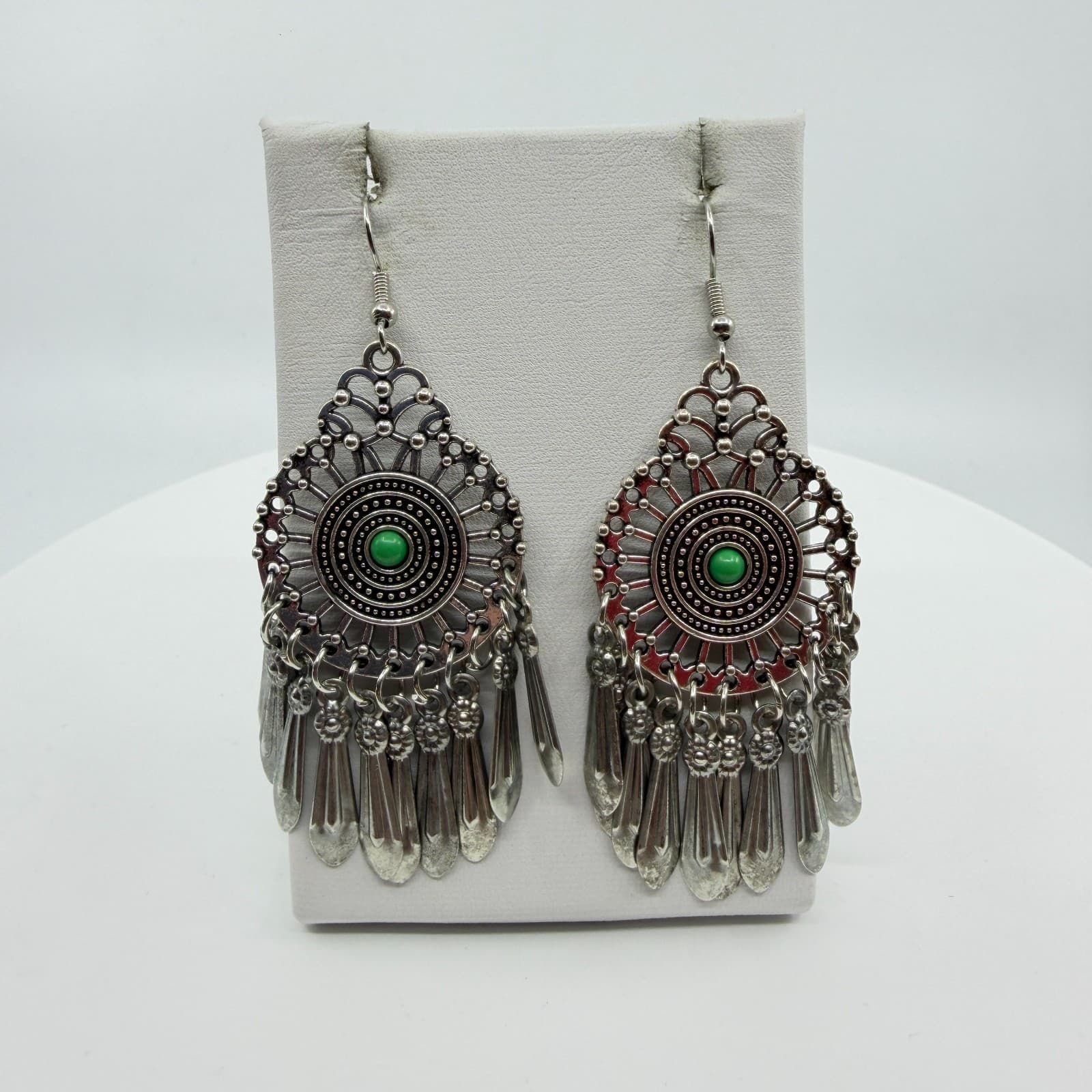 Silver Tone Green Bead Mandala Chandelier Earrings Statement Fringe Festival - Thumbnail 2