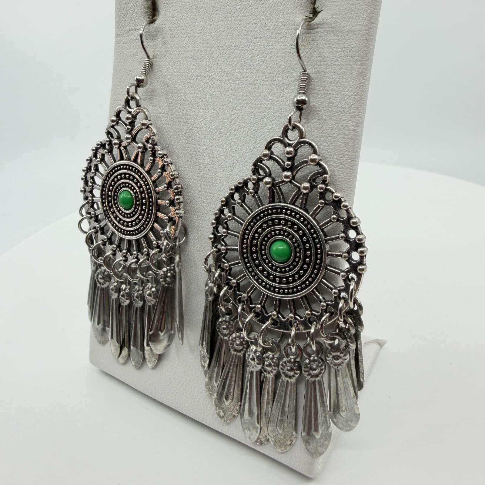 Silver Tone Green Bead Mandala Chandelier Earrings Statement Fringe Festival - Thumbnail 5