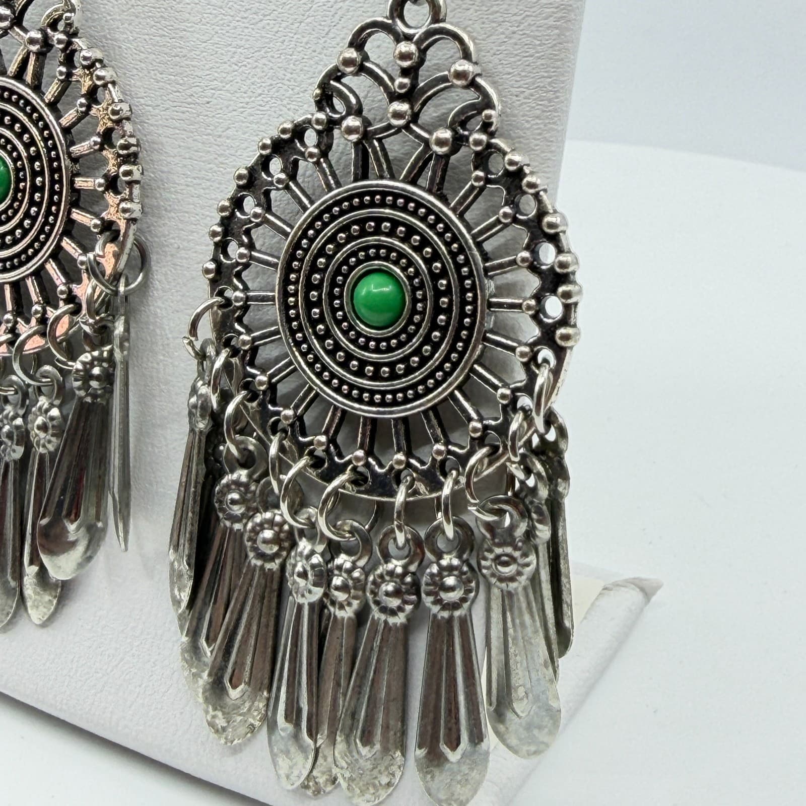 Silver Tone Green Bead Mandala Chandelier Earrings Statement Fringe Festival - Thumbnail 6