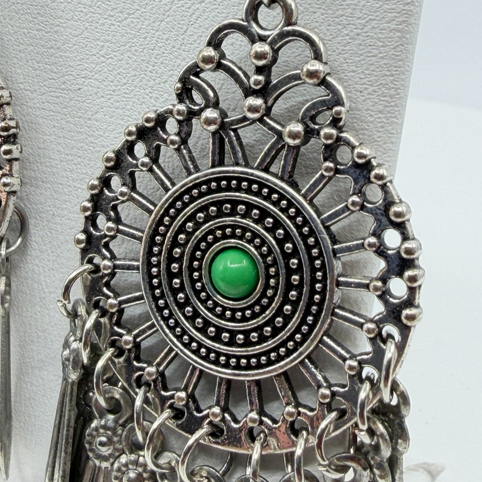 Silver Tone Green Bead Mandala Chandelier Earrings Statement Fringe Festival - Thumbnail 7