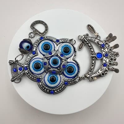 VTG 90s Y2K Silver Tone Floral Evil Eye Ornament Hanging Blue Rhinestone Jewelry - Thumbnail 2