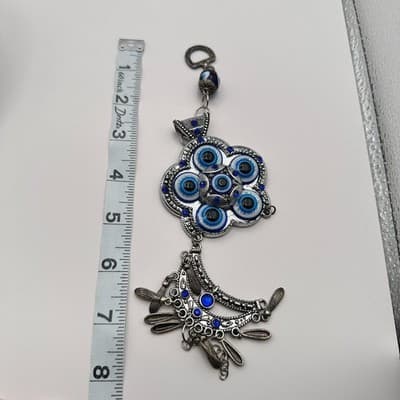 VTG 90s Y2K Silver Tone Floral Evil Eye Ornament Hanging Blue Rhinestone Jewelry - Thumbnail 7