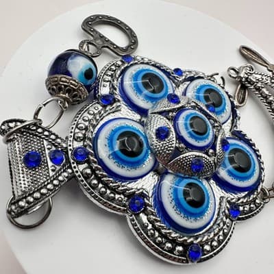VTG 90s Y2K Silver Tone Floral Evil Eye Ornament Hanging Blue Rhinestone Jewelry - Thumbnail 3