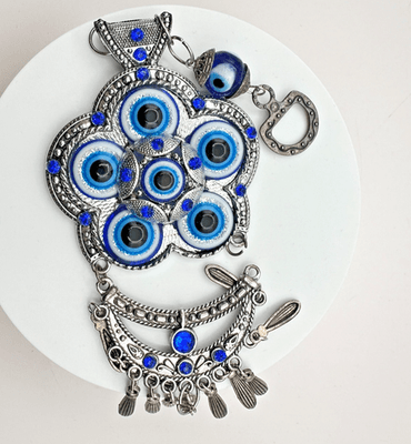 VTG 90s Y2K Silver Tone Floral Evil Eye Ornament Hanging Blue Rhinestone Jewelry