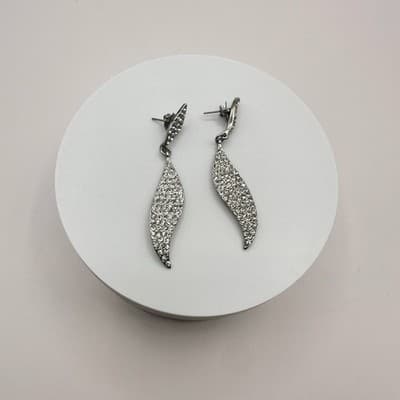 Vintage Y2K Clear Rhinestone Curved Leaf Dangle Earrings Silver Tone Jewelry - Thumbnail 6