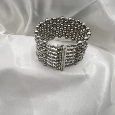 Vintage 90s Silver Tone Multi Row Bead Clear Glass Wide Cuff Statement Bracelet - Thumbnail 6