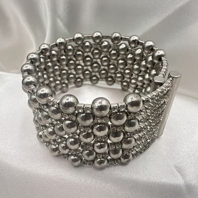 Vintage 90s Silver Tone Multi Row Bead Clear Glass Wide Cuff Statement Bracelet - Thumbnail 2