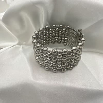 Vintage 90s Silver Tone Multi Row Bead Clear Glass Wide Cuff Statement Bracelet - Thumbnail 7