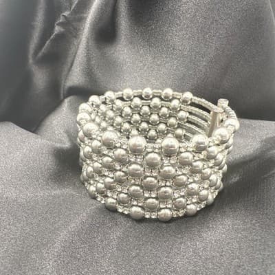 Vintage 90s Silver Tone Multi Row Bead Clear Glass Wide Cuff Statement Bracelet - Thumbnail 8