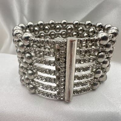 Vintage 90s Silver Tone Multi Row Bead Clear Glass Wide Cuff Statement Bracelet - Thumbnail 4