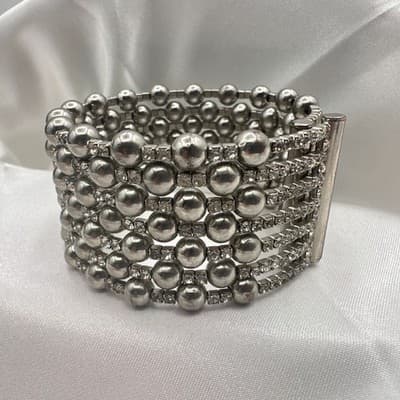 Vintage 90s Silver Tone Multi Row Bead Clear Glass Wide Cuff Statement Bracelet - Thumbnail 3