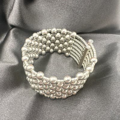 Vintage 90s Silver Tone Multi Row Bead Clear Glass Wide Cuff Statement Bracelet - Thumbnail 9