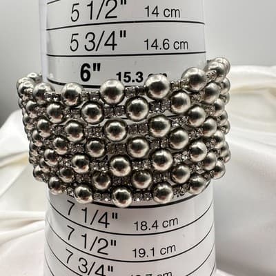 Vintage 90s Silver Tone Multi Row Bead Clear Glass Wide Cuff Statement Bracelet - Thumbnail 12