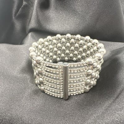 Vintage 90s Silver Tone Multi Row Bead Clear Glass Wide Cuff Statement Bracelet - Thumbnail 11