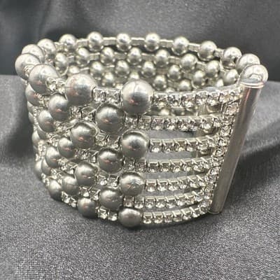 Vintage 90s Silver Tone Multi Row Bead Clear Glass Wide Cuff Statement Bracelet - Thumbnail 10