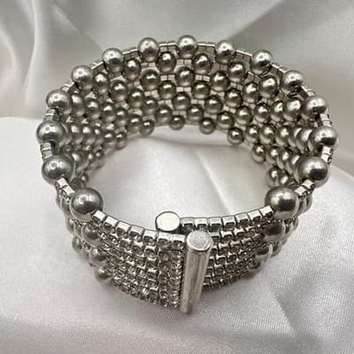 Vintage 90s Silver Tone Multi Row Bead Clear Glass Wide Cuff Statement Bracelet - Thumbnail 5