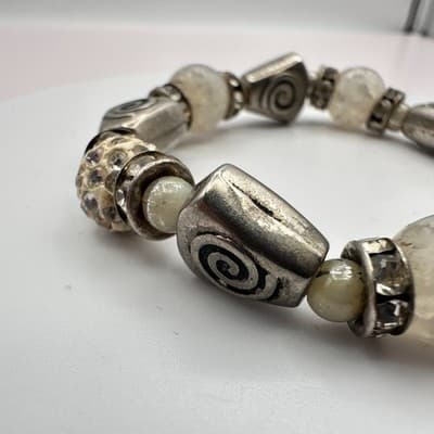 Vintage 90s Hamsa Hand Charm Stretch Bracelet Silver Tone Rhinestone Beaded Boho - Thumbnail 5