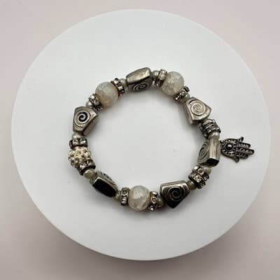 Vintage 90s Hamsa Hand Charm Stretch Bracelet Silver Tone Rhinestone Beaded Boho - Thumbnail 6