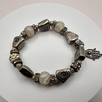 Vintage 90s Hamsa Hand Charm Stretch Bracelet Silver Tone Rhinestone Beaded Boho - Thumbnail 2