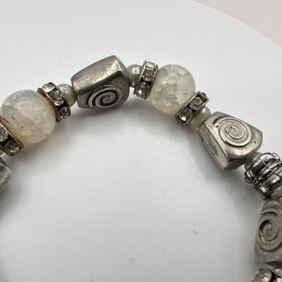 Vintage 90s Hamsa Hand Charm Stretch Bracelet Silver Tone Rhinestone Beaded Boho - Thumbnail 7