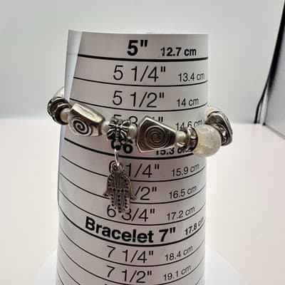 Vintage 90s Hamsa Hand Charm Stretch Bracelet Silver Tone Rhinestone Beaded Boho - Thumbnail 8