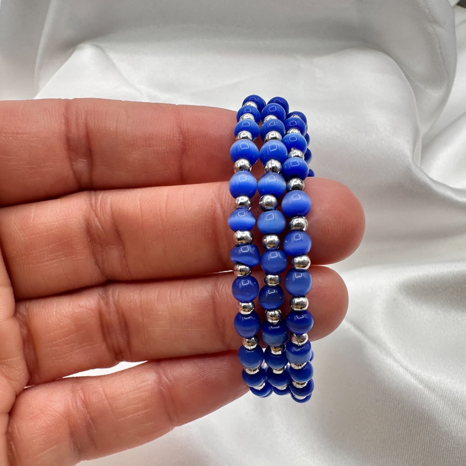 Vintage 90s Blue Glass Bead Coil Wrap Bracelet Silver Tone Spacer Boho Jewelry - Thumbnail 8