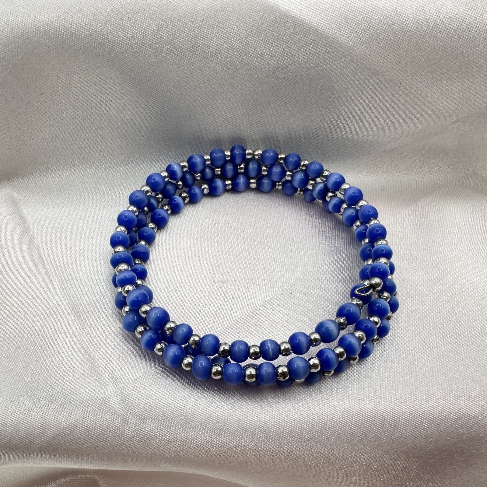 Vintage 90s Blue Glass Bead Coil Wrap Bracelet Silver Tone Spacer Boho Jewelry - Thumbnail 2