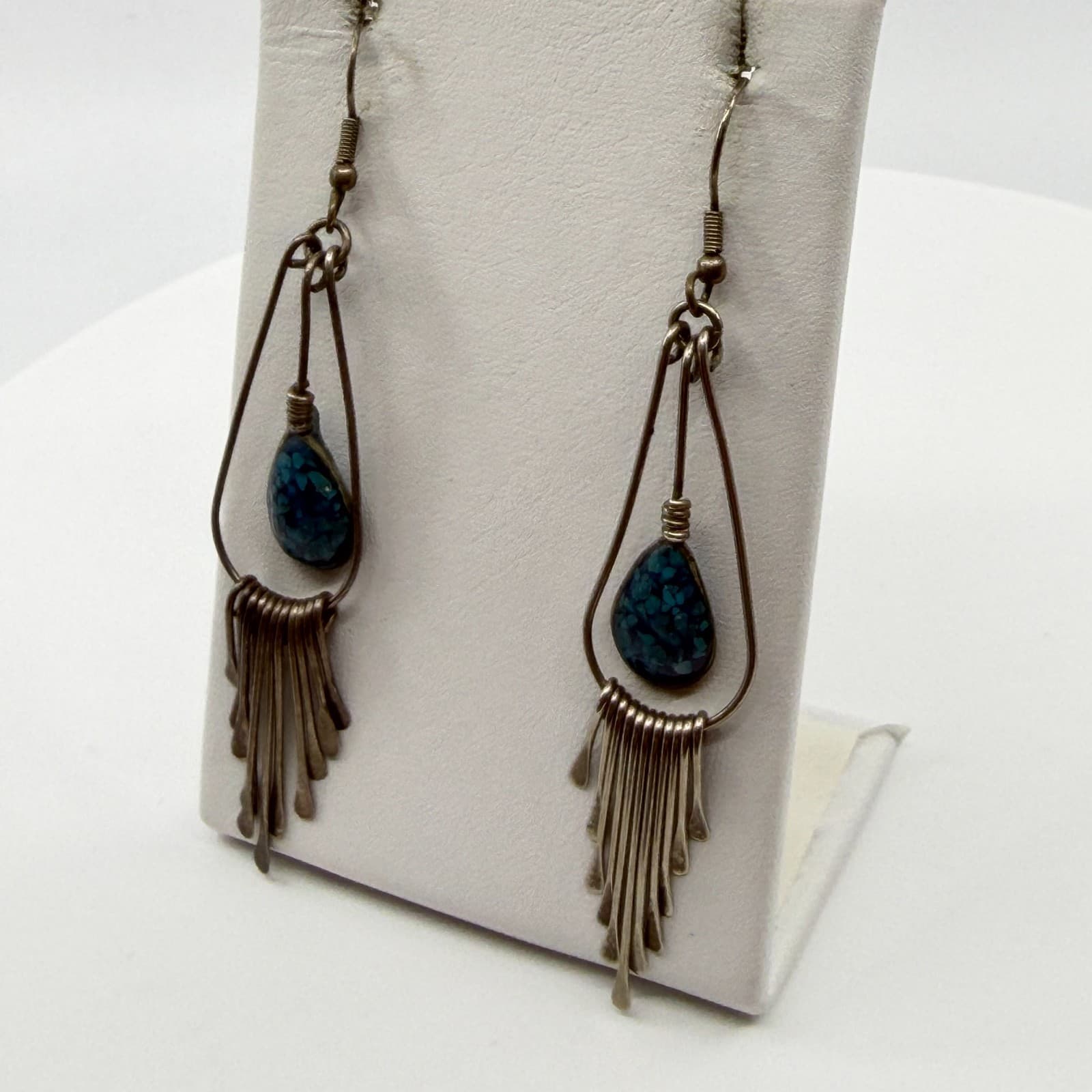 Boho Southwestern Blue Stone Inlay Teardrop Fringe Dangle Statement Earrings - Thumbnail 5