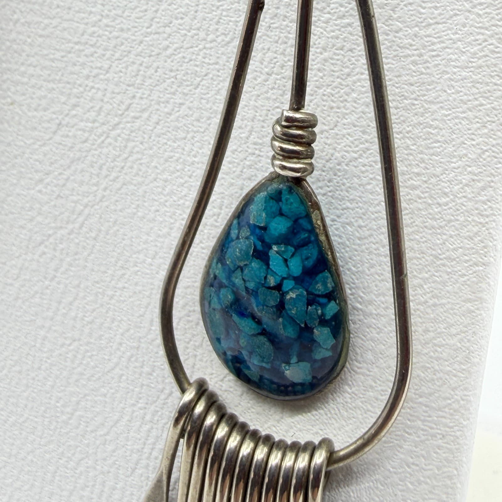 Boho Southwestern Blue Stone Inlay Teardrop Fringe Dangle Statement Earrings - Thumbnail 6