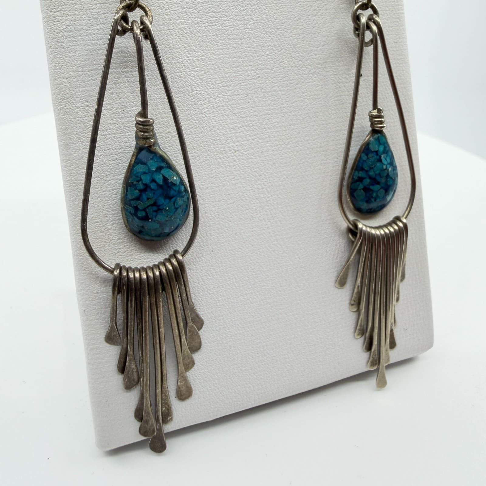 Boho Southwestern Blue Stone Inlay Teardrop Fringe Dangle Statement Earrings - Thumbnail 2