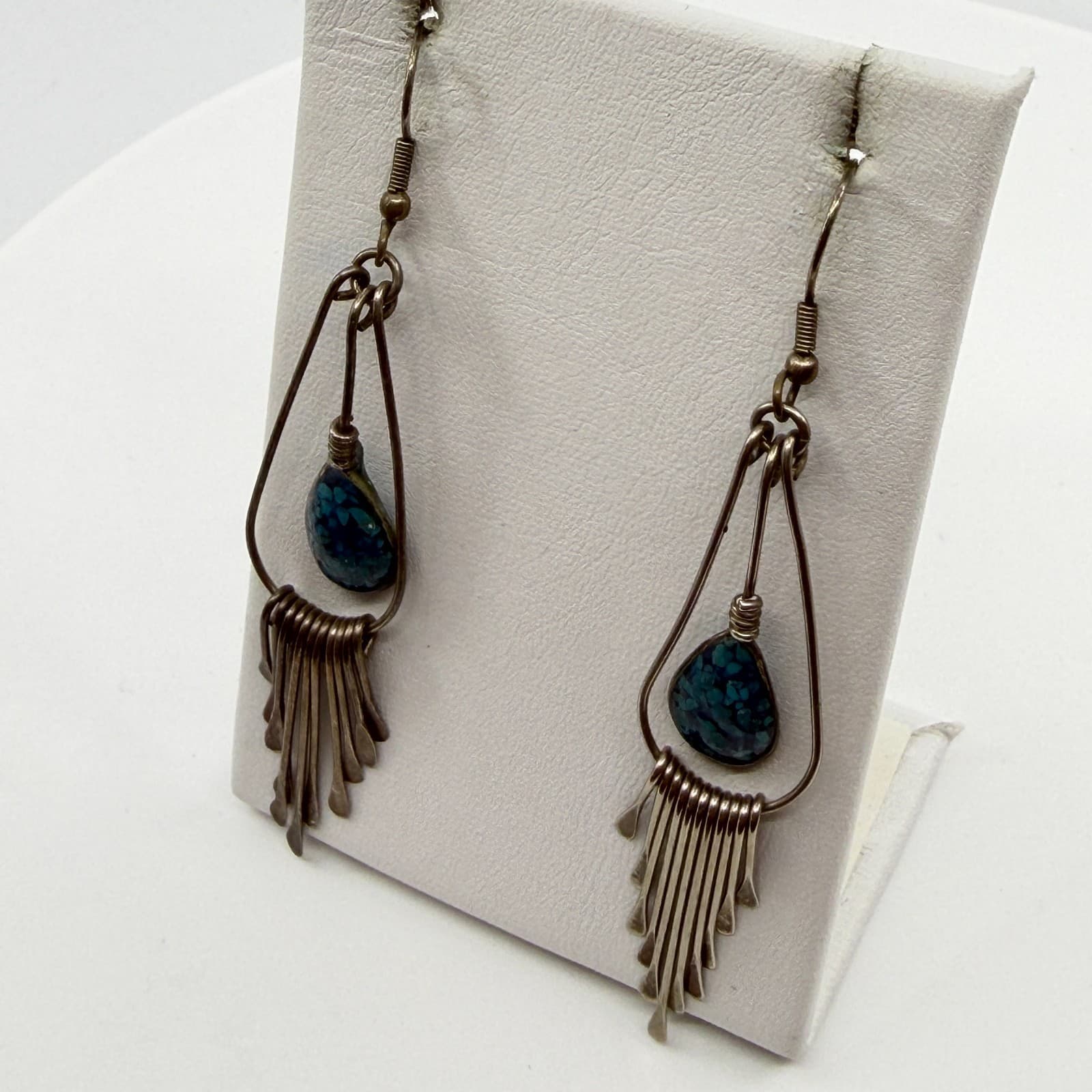 Boho Southwestern Blue Stone Inlay Teardrop Fringe Dangle Statement Earrings - Thumbnail 7