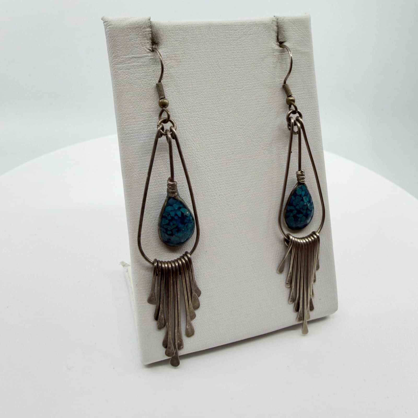 Boho Southwestern Blue Stone Inlay Teardrop Fringe Dangle Statement Earrings - Thumbnail 3