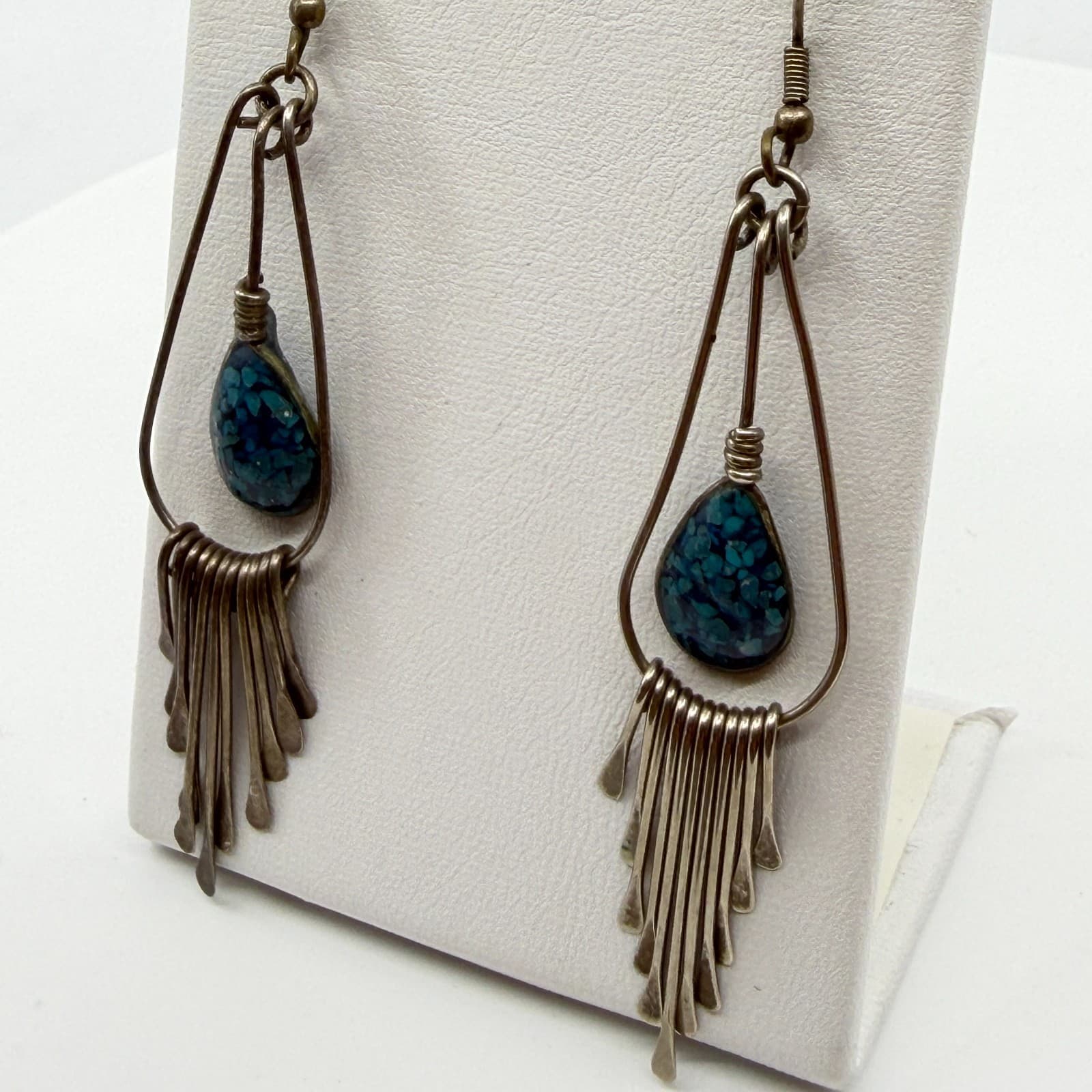 Boho Southwestern Blue Stone Inlay Teardrop Fringe Dangle Statement Earrings - Thumbnail 4