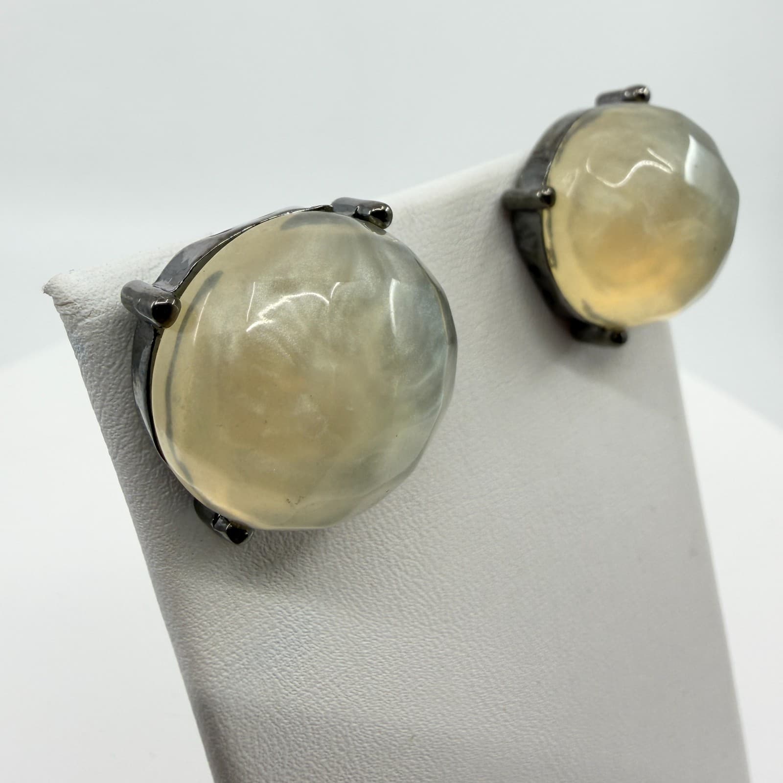 Gothic Gunmetal Statement Stud Earrings Chunky Milky Cream Cabochon Gift Classic - Thumbnail 2
