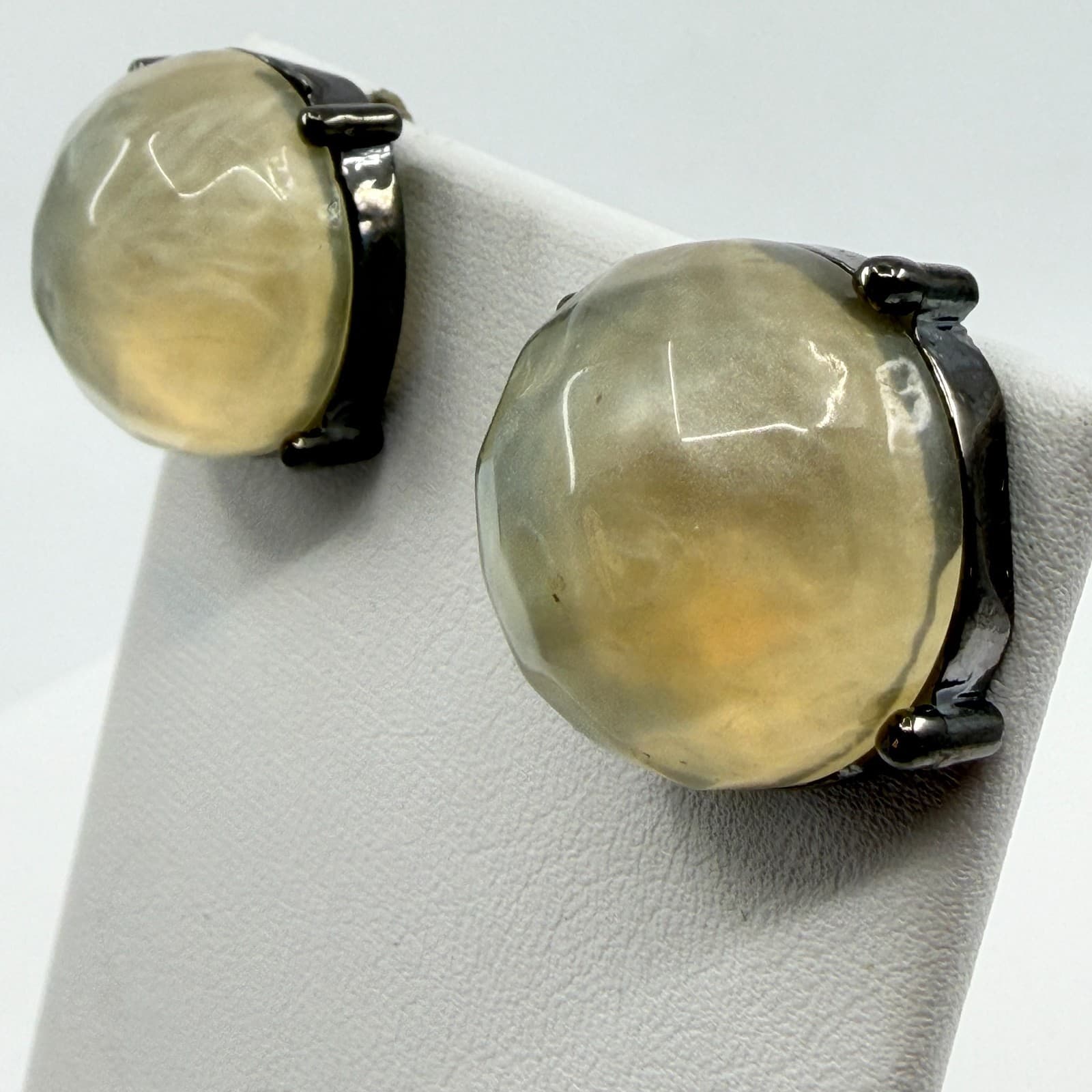 Gothic Gunmetal Statement Stud Earrings Chunky Milky Cream Cabochon Gift Classic - Thumbnail 5