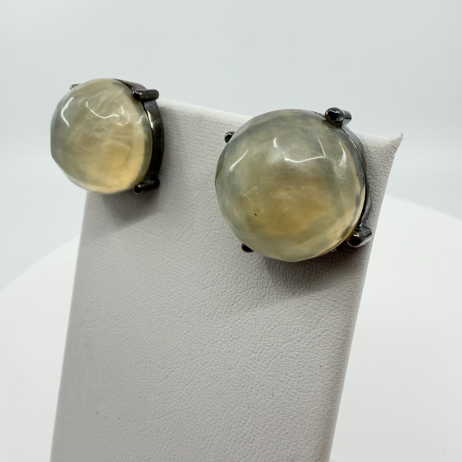 Gothic Gunmetal Statement Stud Earrings Chunky Milky Cream Cabochon Gift Classic - Thumbnail 4