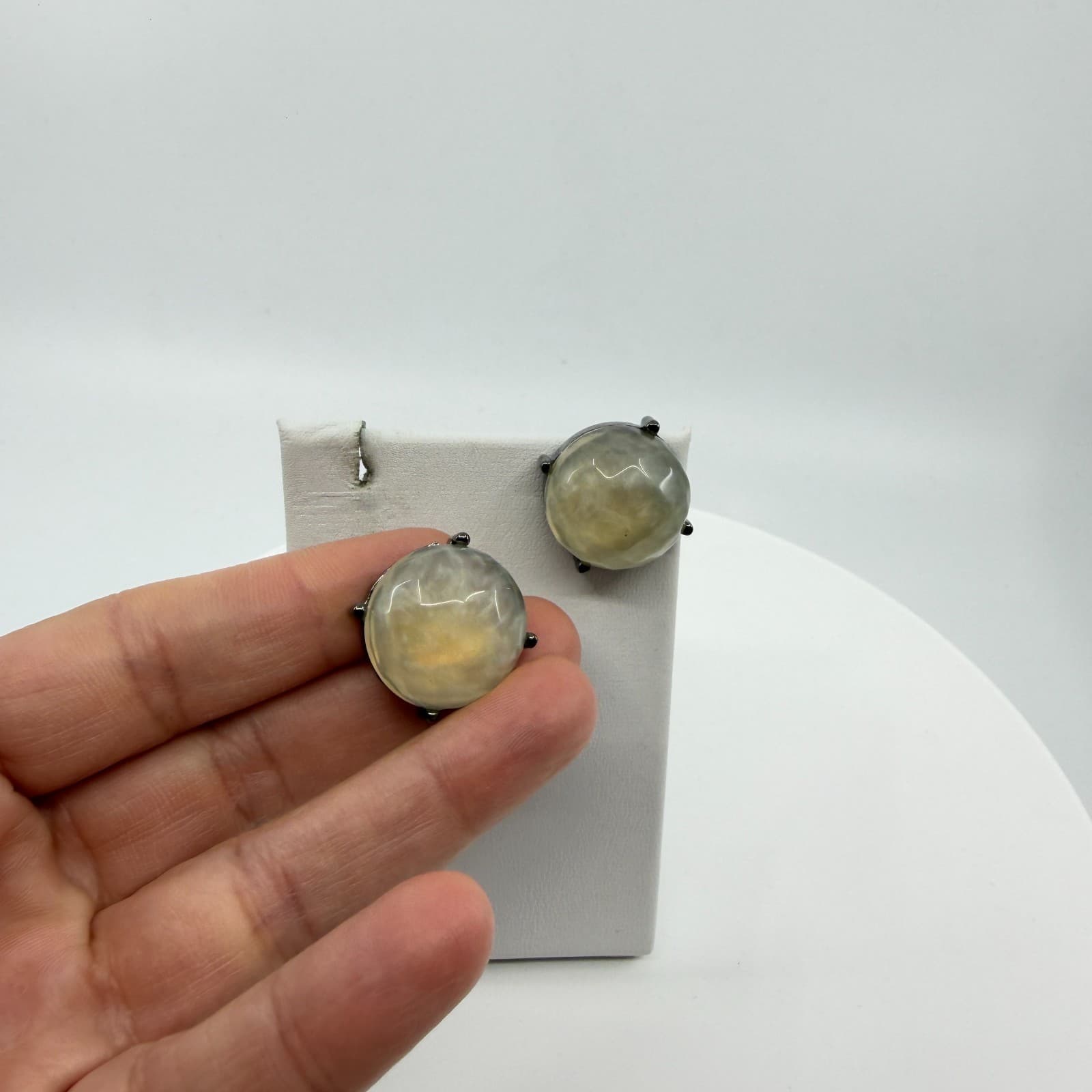 Gothic Gunmetal Statement Stud Earrings Chunky Milky Cream Cabochon Gift Classic - Thumbnail 6