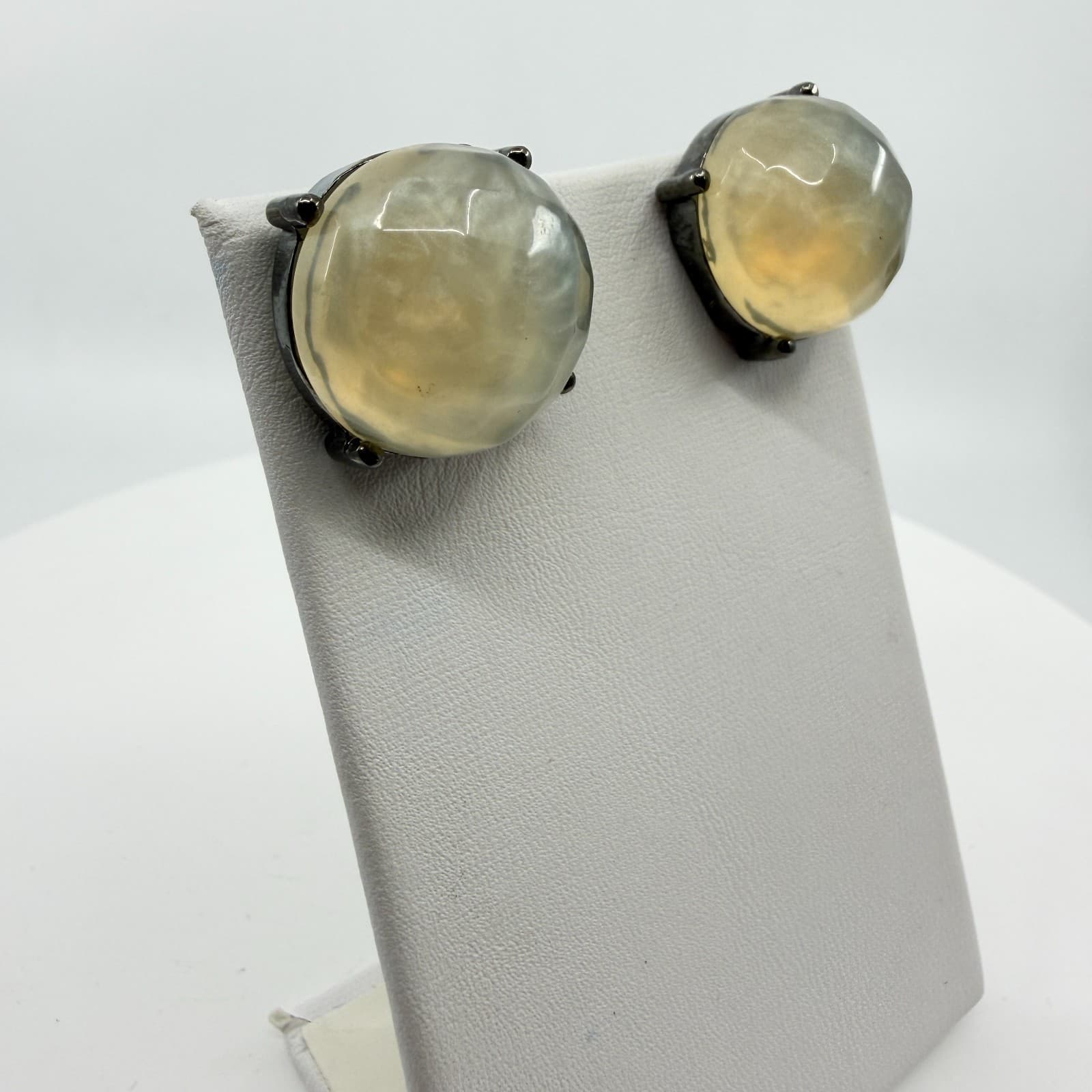 Gothic Gunmetal Statement Stud Earrings Chunky Milky Cream Cabochon Gift Classic - Thumbnail 3
