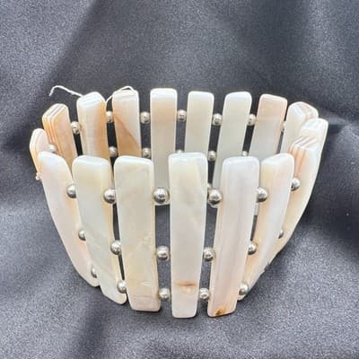 Vintage 90s Mother of Pearl Shell Stretch Bracelet Boho Wide Cuff Jewelry - Thumbnail 5